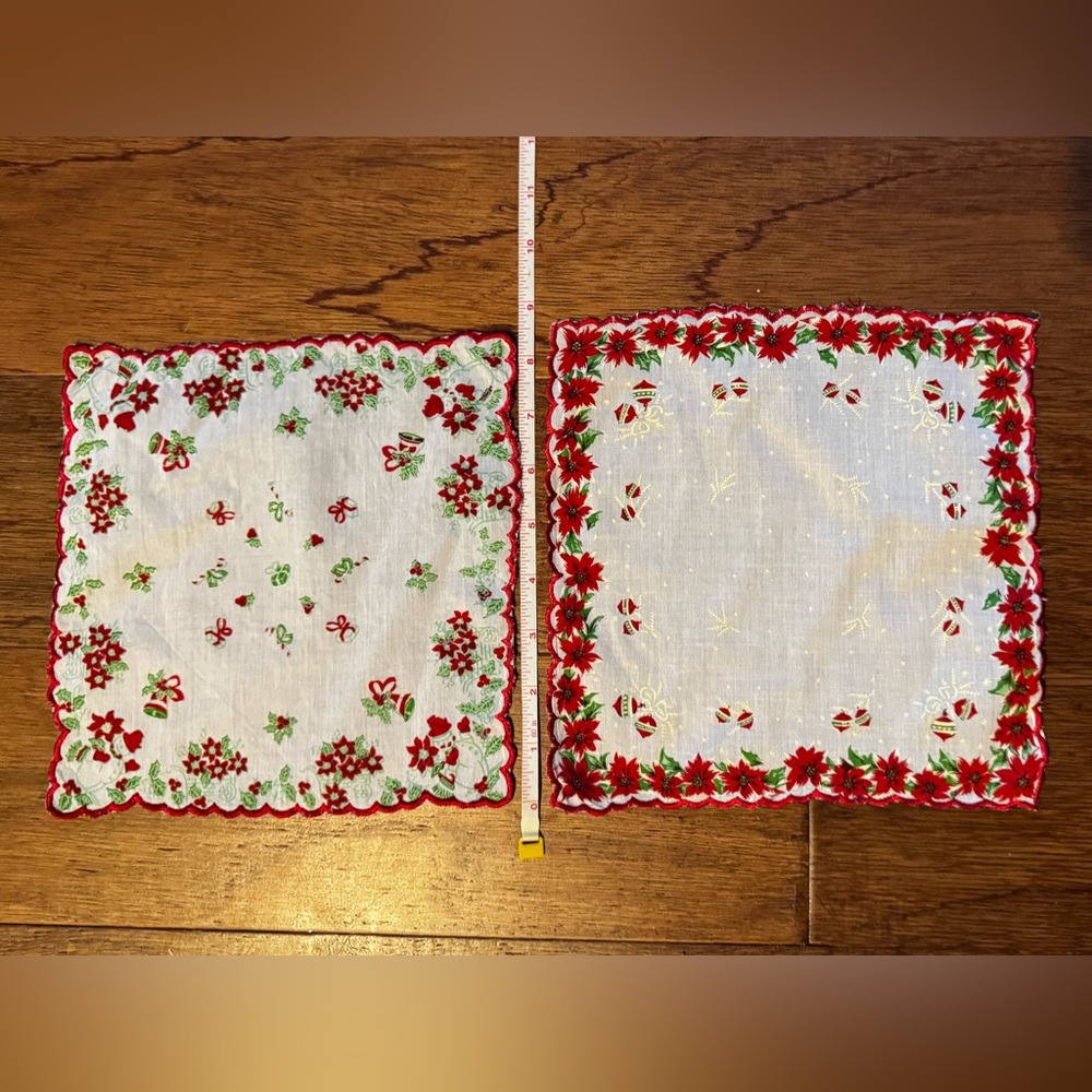 Vintage Set of 2 Christmas Red and Green Floral Handkerchiefs